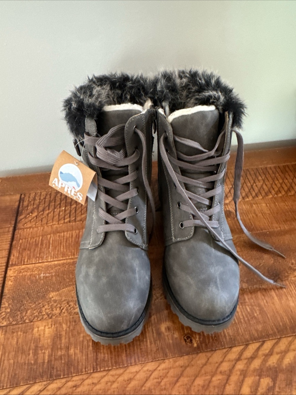 Apres by Lami Women's Gray Faux-Fur Lace-Up Winter Boots Size 10